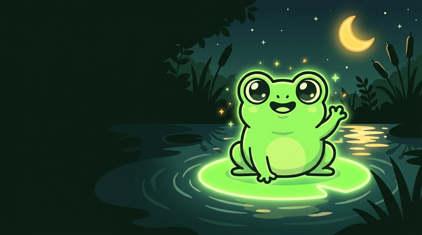 Moon Frog waving from a glowing lily pad on a night pond under a crescent moon