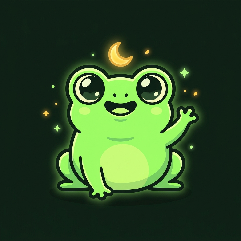 Moon Frog mascot: a round lime-green frog with huge glossy eyes and a tiny crescent moon above its head
